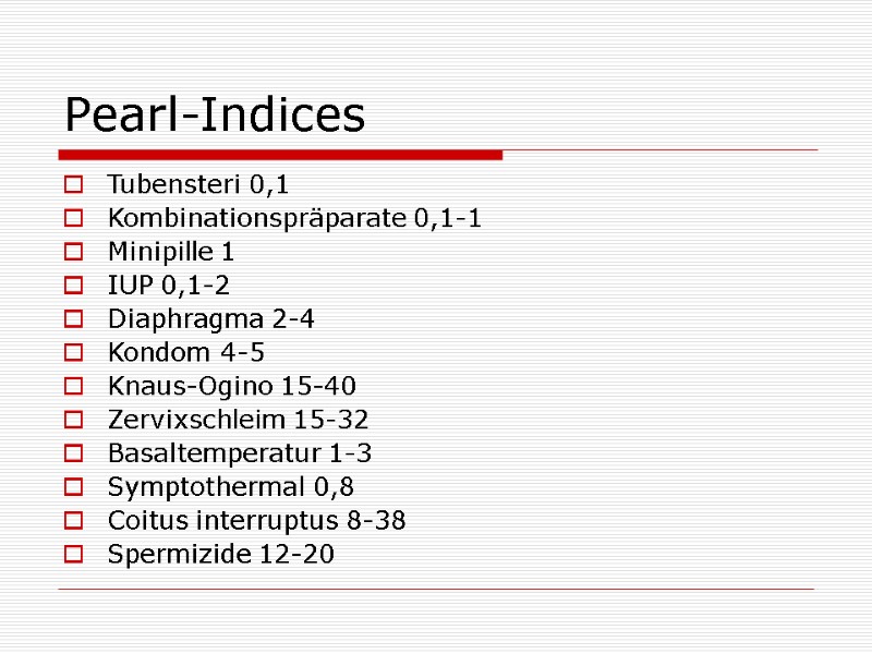 Pearl-Indices Tubensteri 0,1 Kombinationspräparate 0,1-1 Minipille 1 IUP 0,1-2 Diaphragma 2-4 Kondom 4-5 Knaus-Ogino Pearl-Indices Tubensteri 0,1 Kombinationspräparate 0,1-1 Minipille 1 IUP 0,1-2 Diaphragma 2-4 Kondom 4-5 Knaus-Ogino